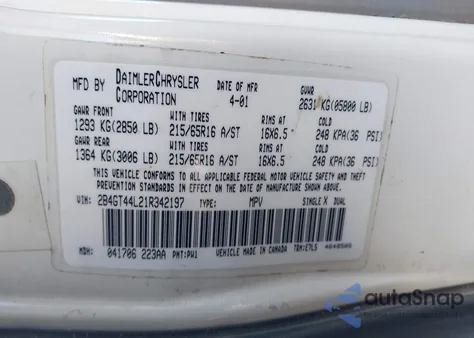 2001 Dodge Grand Caravan Sport z USA, uszkodzony, nr VIN 2B4GT44L21R342197